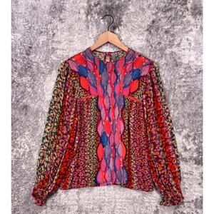 Anthropologie Top XS Womens Bl^nk London Mixed Print Lace Inlay Balloon Sleeve